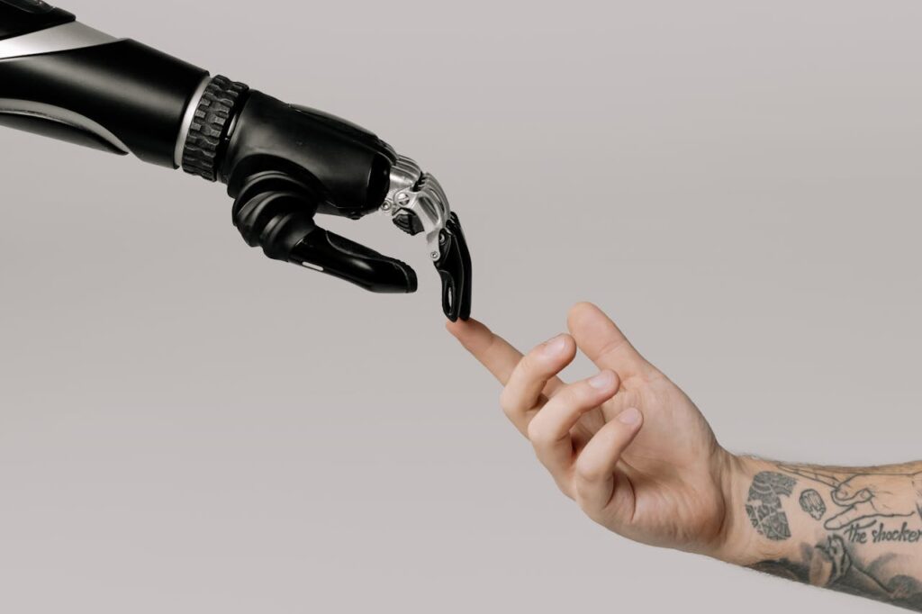 AI robot and human touching hands